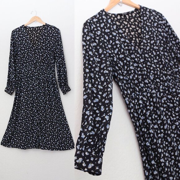 Madewell Long Sleeve Button Front Midi Dress 2 Baby's Breath  Black Blue Floral - Picture 4 of 15